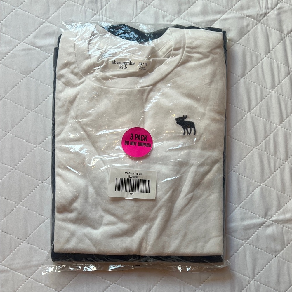 Abercrombie Kids Boys 3 pack Logo Crew Neck Shirt, White, Gray, Black 13/14